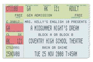 Ticket for A Midsummer Night's Dream performance at Coventry High School